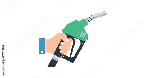 A hand holds a green and black fuel pump nozzle against a plain white background.