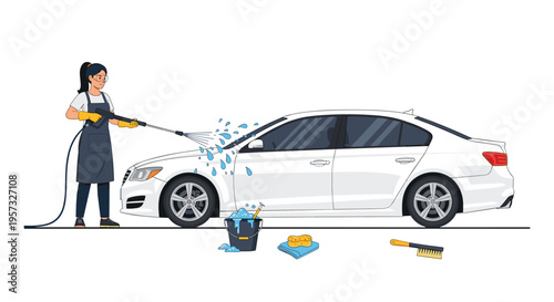 A woman in an apron and gloves washes a white sedan with a pressure washer on a clean ground.