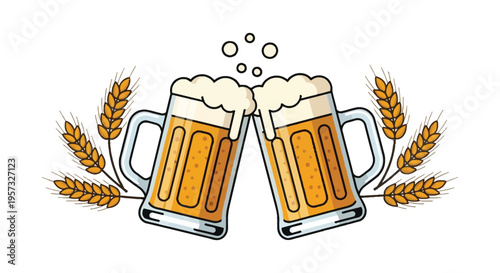 Two overflowing mugs of beer with wheat stalks create a celebratory design featuring a distinct silhouette high quality professional detailed modern