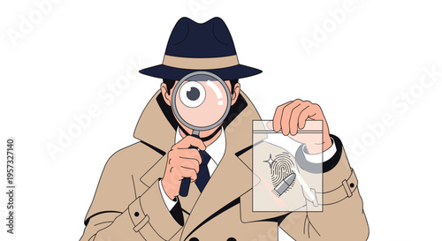 A detective in a trench coat examines an evidence bag with a magnifying glass against a white background.