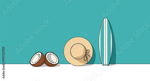 Two coconut halves, a straw hat, and a surfboard lean against a teal wall on a white floor.
