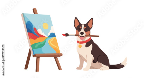A dog is sitting next to an easel with a colorful landscape painting, holding a paintbrush in its mouth.