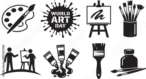Black and white World Art Day icon set with palette brush easel paint tools vector illustration for creative celebration design