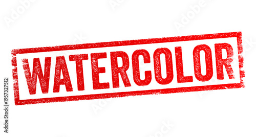 WATERCOLOR rubber stamp sign with a distressed grunge texture. Red rectangular graphic used for art supplies, painting workshops, creative projects, and artistic branding