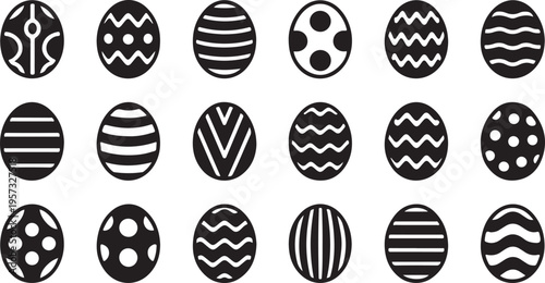 Fifteen festive Easter eggs with diverse decorative patterns in simple black silhouette form