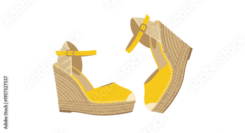 A pair of yellow espadrille wedge sandals with woven soles are displayed on a white background.