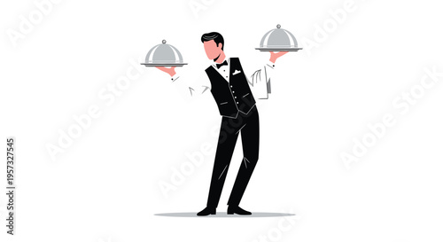 A stylized illustration depicts a waiter carrying silver dome covers on trays presented in a bold silhouette high quality professional detailed