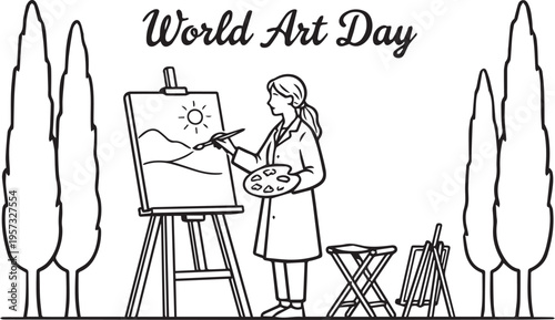Black and white painter at easel with World Art Day text vector illustration for creativity and artistic celebration design