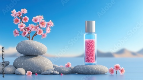 Zen spa aesthetic with cherry blossom, stacked stones, and pink bath salt in a clear bottle against a serene blue sky.