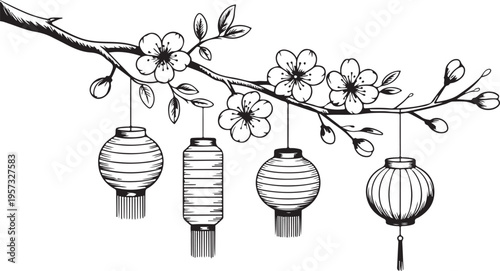 Hand drawn cherry blossom branch with delicate flowers and various traditional Asian hanging lanterns