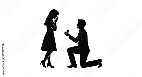 A man proposes to a woman on one knee a romantic moment captured in stark black silhouette high quality professional detailed