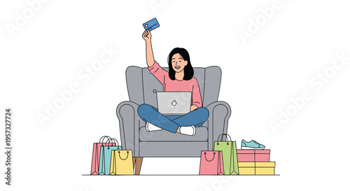 A smiling woman sits in an armchair, holding a credit card and using a laptop, surrounded by shopping bags and shoe boxes.
