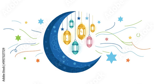 A vibrant ramadan kareem illustration featuring a crescent moon hanging lanterns and stars a beautiful silhouette high quality professional detailed modern