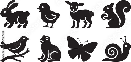 Eight minimalist black animal silhouettes including a rabbit, chick, lamb, squirrel, bird, frog, butterfly, and snail