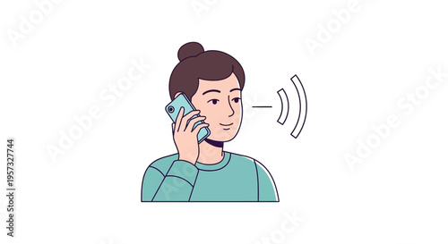 A young woman with a topknot hairstyle is cheerfully talking on her smartphone depicted in a flat silhouette high quality professional
