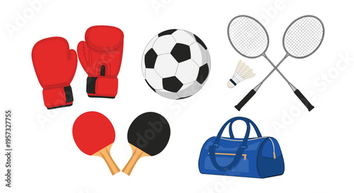 A diverse collection of sports equipment, including boxing gloves, a soccer ball, badminton gear, table tennis paddles, and a sports bag, is arranged on a white background.
