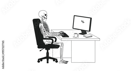 A black and white skeleton sits in an office chair, typing at a desk with a computer monitor and coffee cup.