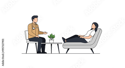 An illustrated doctor talks to a patient lying on a grey chaise lounge with a plant between them.