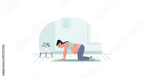 An illustrated pregnant woman performs a cat-cow yoga pose on a green mat in a light-colored room.