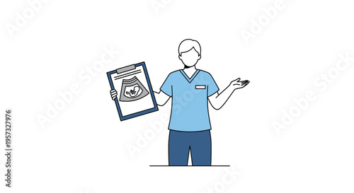 An illustrated male medical professional in blue scrubs holds a clipboard with a fetus ultrasound image.
