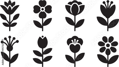 Another grid of eight black silhouette flower icons showing various simplified botanical forms