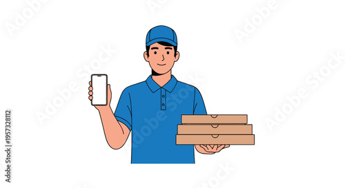 A smiling pizza delivery man holds a smartphone and pizza boxes on a white background.