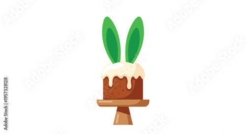 A small brown cake with white frosting and green bunny ears sits on a wooden stand on a white background.