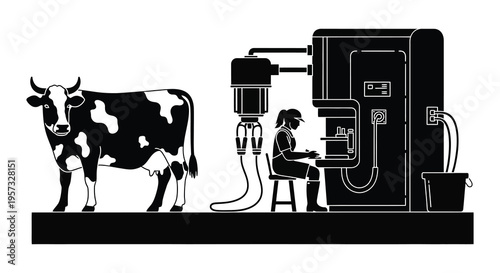 A black and white illustration depicts a cow and a person operating milking machinery in a barn silhouette high quality professional