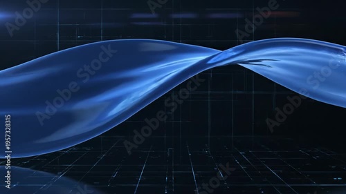 A dark blue liquid glass ribbon wave line glows on a neon black background, its transparent gradient water tape creating a flare of light refraction.