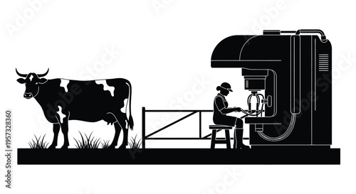 A black silhouette depicts a cow and a robotic milking machine in a rural agricultural setting silhouette high quality professional detailed