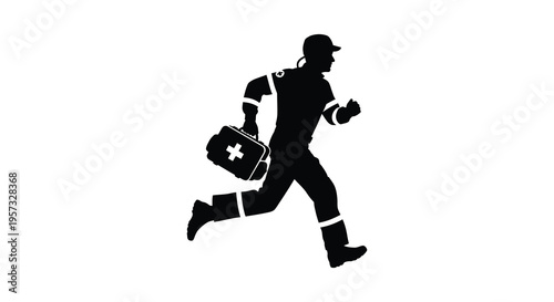 A dynamic black silhouette depicts a medic running with a first aid kit conveying urgency and healthcare assistance silhouette high quality