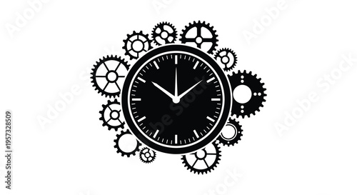 A striking black silhouette of a clock surrounded by various gears representing time and complex mechanics silhouette high quality professional detailed
