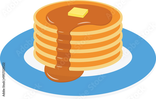 Stack of Pancakes with Maple Syrup and Butter on a Plate Flat Illustration. Clean Icon Design Element Isolated on White Background