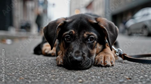 A sad dog lies quietly on the pavement of a street, its sorrowful eyes reflecting pain and vulnerability in the open outdoors.