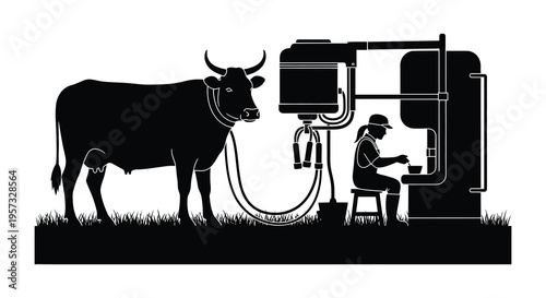 A striking black silhouette depicts a farmer milking a cow with modern machinery in a rural setting silhouette high quality professional