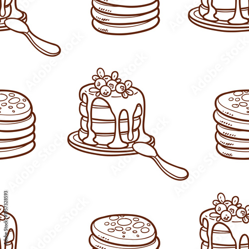 Seamless pattern of pile of pancakes with berries and syrup on white background