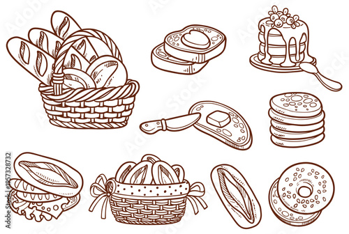 Wicker baskets with bread rolls and baguettes, pancakes, bread and butter