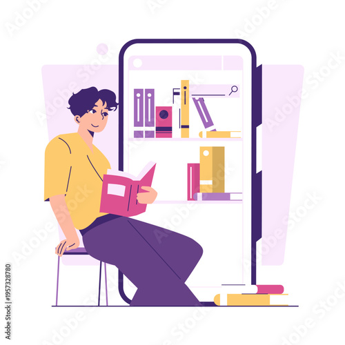 Person Reading Book in Digital Library Vector Illustration