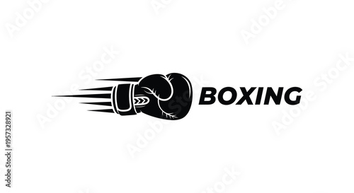 A dynamic logo featuring a boxing glove with speed lines and bold text creating a striking visual silhouette high quality professional