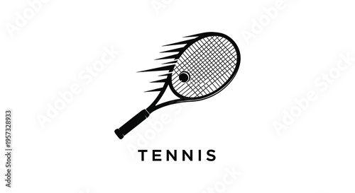 A striking black silhouette of a tennis racquet with speed lines accompanied by the word tennis below silhouette high quality professional