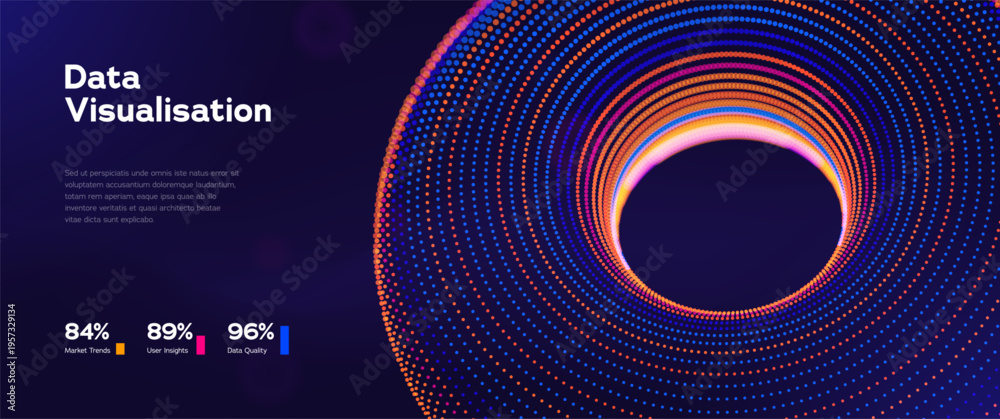 Obraz premium Digital Transformation Background Featuring Luminous Torus, Colorful Particle Ring, And Dynamic Tech Spiral On Purple Gradient. Futuristic Forms And Waves. Vector Illustration.