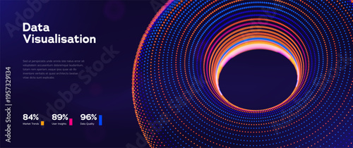 Digital Transformation Background Featuring Luminous Torus, Colorful Particle Ring, And Dynamic Tech Spiral On Purple Gradient. Futuristic Forms And Waves. Vector Illustration.