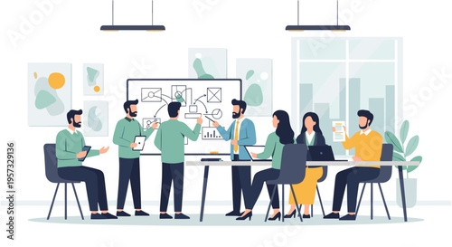 Diverse team collaborating in modern office with flat design in bright natural lighting for business presentation