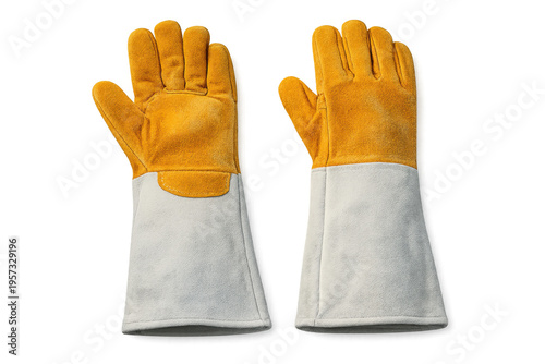 Pair of yellow leather welding gloves providing hand protection