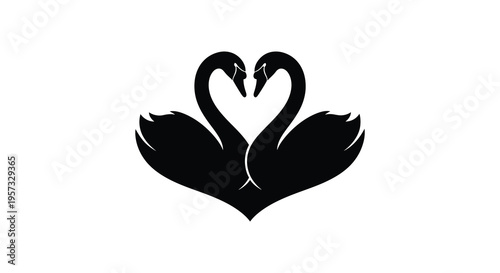 Two black swans gracefully intertwine their necks to form a heart shape creating a striking visual silhouette high quality professional detailed