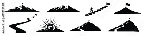 A collection of black mountain and peak silhouettes featuring paths and flags for success concepts Vector