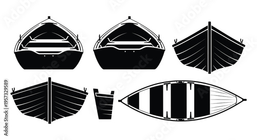 A collection of black boat silhouettes showcases various perspectives and designs presenting a nautical theme silhouette high quality professional detailed modern
