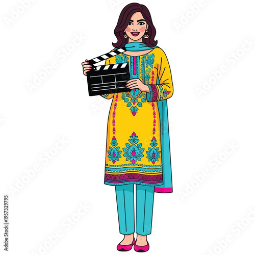 pakistani woman in traditional attire holding a clapperboard for film production