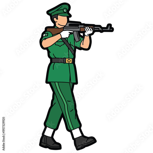 pakistani army soldier marching with a rifle in green uniform and cap