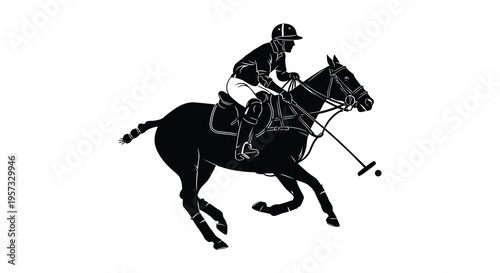A dynamic black silhouette depicts a horse and rider engaged in a polo match showcasing athleticism and grace silhouette high quality